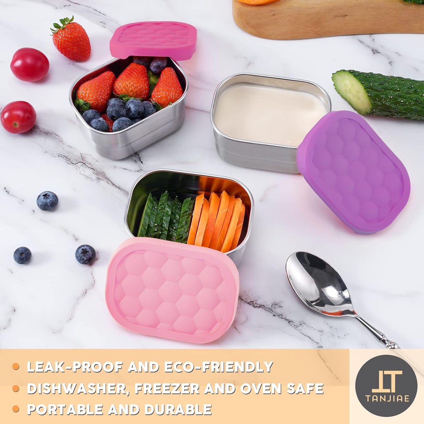 Small (1 CUP) Stainless Steel Snack Containers for Kids | Easy Open Leak Proof Food Containers with Silicone Lids - Perfect Metal Toddler Lunch Box for Daycare and School (8Oz)